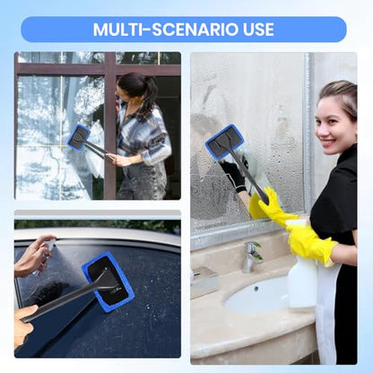 6PCS Windshield Cleaning Tool Car Window Cleaner with 5 Reusable and Washable Microfiber Pads and Extendable Handle Auto Inside Glass Wiper Kit Green (Blue)