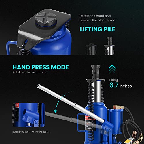 SPECSTAR Pneumatic Air Hydraulic Bottle Jack with Manual Hand Pump 20 Ton | Heavy Duty Auto Truck Travel Trailer Repair Lift Blue - color: Blue