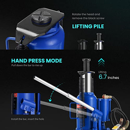 SPECSTAR Pneumatic Air Hydraulic Bottle Jack with Manual Hand Pump 20 Ton | Heavy Duty Auto Truck Travel Trailer Repair Lift Blue - color: Blue