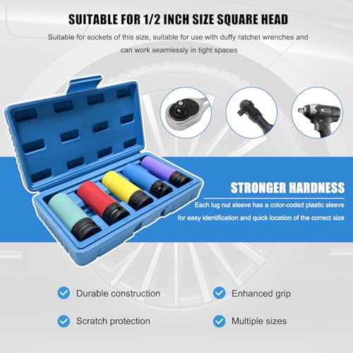 5 PCS 1/2 inch Drive Impact Lug Nut Socket Set, Metric 15 17 19 21 22 mm Wheel Rim Protectors with Plastic Sleeves, Non-Marring Lug Nut Thin Wall Deep Sockets for Tire Protection