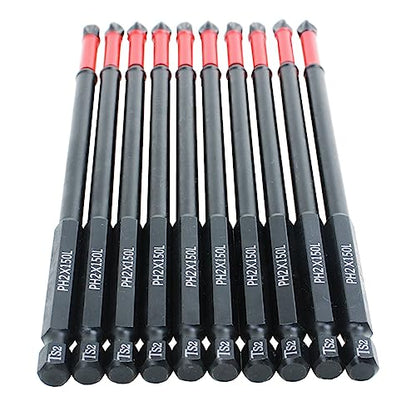 10 Pack Long Phillips Bits Magnetic Anti Slip Screwdriver Bits | 6 inch Long PH2 Bit with Anti-Slip Tip, Strong Magnetic Holding Impact-rated Durability Phillips #2 Bits for Impact Driver - size: Length:150mm