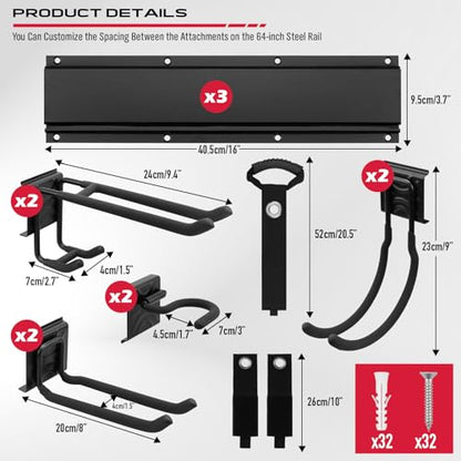 SEDY 48" Heavy Duty Garage Wall Organizer, Wall Mount Tool Storage Rack with Adjustable Hooks, Garden Tool Organizer Hold Up to 300lbs, Easy Installation (3 Panels, 8 Hooks, 3 Straps) - style: 48" Garage Wall Organizer (3 Panels, 8 Hooks, 3 Straps)
