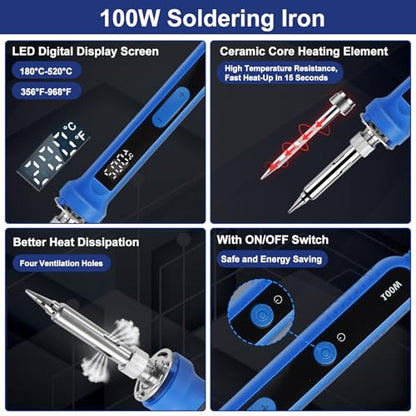 194PCS Soldering Iron Kit,100W Soldering Iron Adjustable Temperature,Solder Wire,Stand,Desoldering Pump,Soldering Welding Iron Kit for Electronics Hobby DIY 110V US Plug
