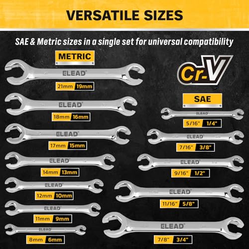 ELEAD 14-Piece Flare Nut Wrench Set with PTFE Tape, Metric & SAE 1/4"-7/8"& 6-21mm, Brake Line Wrench Set Double Open End with Organizer Pouch for Repairing and Removing Nuts - color: Silver