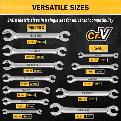 ELEAD 14-Piece Flare Nut Wrench Set with PTFE Tape, Metric & SAE 1/4"-7/8"& 6-21mm, Brake Line Wrench Set Double Open End with Organizer Pouch for Repairing and Removing Nuts - color: Silver