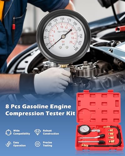 DAYUAN Professional Petrol Engine Compression Tester Kit Set, Red Case | 8 Pcs, 14mm & 18mm Adapters, Dual Scale Gauge, 0-300 PSI/0-20 Bar, Reinforced Rubber Hose, Universal for Cars Motorcycles - color: Red