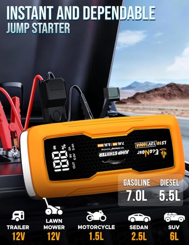 EcoNour car Battery Jump Starter 1600A Peak Up to 7L Gas & 5.5L Diesel Engines 12V Lithium Jump Box with Jumper Cables, USB Charger, LCD Display, LED Flashlight – for Cars, SUVs, Trucks - color: Orange