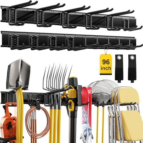 96" Garage Tool Organizer Wall Mount, 1250lbs Heavy Duty Garden Tool Storage Rack with 15 Adjustable Hooks for Yard, Shed, Garage (6 Racks, 15 Hooks, 2 Straps, Steel) - size: 96inch