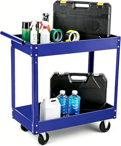 2 Tier Metal Utility Cart,330 Lbs Metal Heavy Duty Utility Cart On Wheels,2 Shelf Steel Rolling Tool Cart, Tool Storage Organizer for Mechanic, Garage, Workshop, Warehouse - color: Blue, size: No hole board