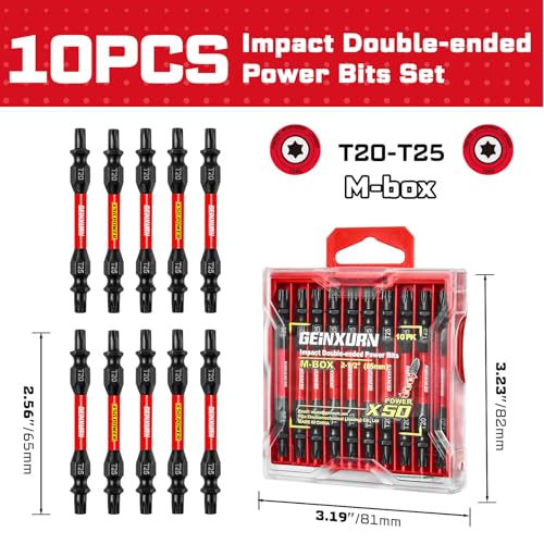 Geinxurn 10Pcs T20-T25 Impact Double End Screwdriver Bit Set, 2.56 in. #2 Torx /#25 Torx Power Driver Bits, Magnetic S2 Steel Two Sides Screwdriver Bits Set with Storage M-Box - style: 2.56"-T20/T25-10PC