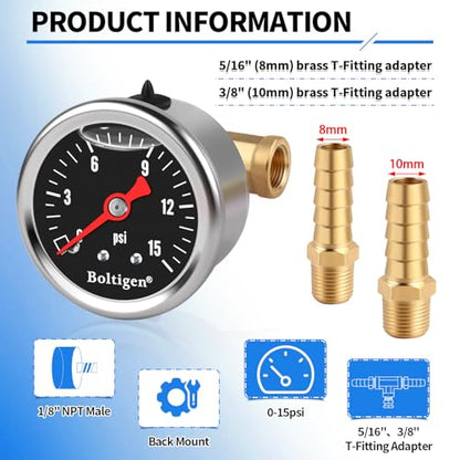 Boltigen Fuel Pressure Gauge, 0-15psi Fuel Pressure Gauge Kit, Glycerin Filled Fuel Pressure Regulator with Gauge for Car, 1/8'' NPT Inline Fuel Pressure Guage with 3/8'' 5/16'' Barb, Black - color: Black