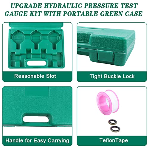 Hydraulic Pressure Test Kit, 3 Pressure Gauges 25Mpa/40Mpa/60Mpa 6 Test Couplings 3 Test Hoses 1 Storage Case Diagnosis Tester Gauge Set for Excavator Construction Machinery Upgraded Version - size: Green 3 Gauges 6 Couplings