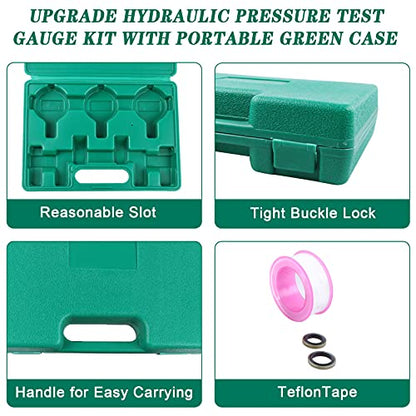 Hydraulic Pressure Test Kit, 3 Pressure Gauges 25Mpa/40Mpa/60Mpa 6 Test Couplings 3 Test Hoses 1 Storage Case Diagnosis Tester Gauge Set for Excavator Construction Machinery Upgraded Version - size: Green 3 Gauges 6 Couplings