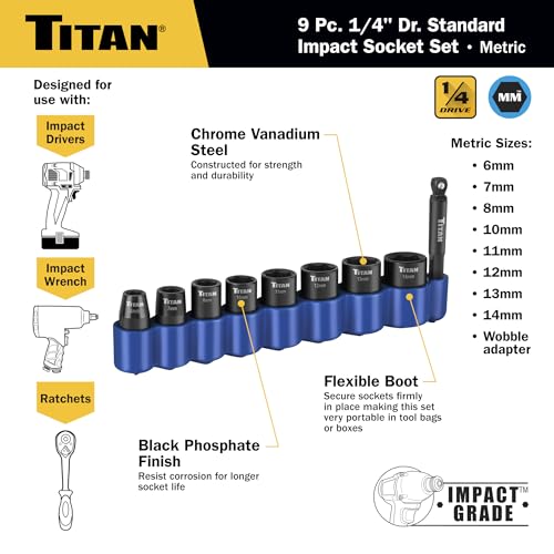 Titan 46201 9-Piece 1/4-Inch Drive Metric Shallow Impact Socket Set, 6-Point, Metric Sizes 6 to 14mm - size: 9-Piece Metric Shallow, style: 1/4-Inch Drive