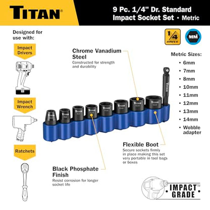 Titan 46201 9-Piece 1/4-Inch Drive Metric Shallow Impact Socket Set, 6-Point, Metric Sizes 6 to 14mm - size: 9-Piece Metric Shallow, style: 1/4-Inch Drive