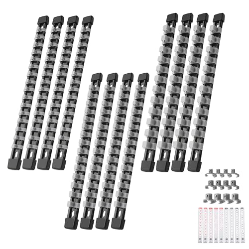 Reniteco 12-Pack Socket Organizer Set, 1/4" x 64 3/8" x 60 1/2" x 48 Clips | 172 Clip Capacity, Havy-Duty ABS Socket Rails, Removable Clips, Drive Socket Storage, Toolbox Drawer or Wall Mount - color: Grey, size: 12 Pcs