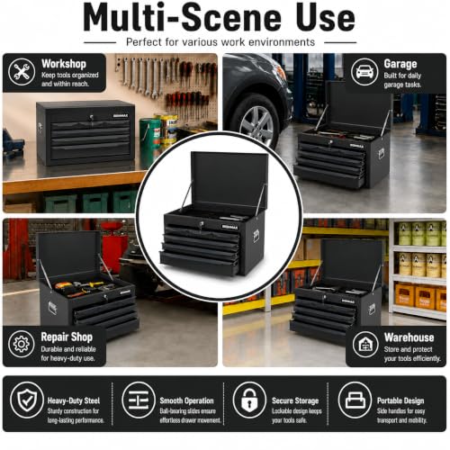ARNOT Large Metal Tool Box, Tool Box with 6 Drawers & Top Tray, Heavy-Duty Steel Tool Chest with Auto-Locking Drawers and Side Handles for Garage & Workbench (Black) - color: Black