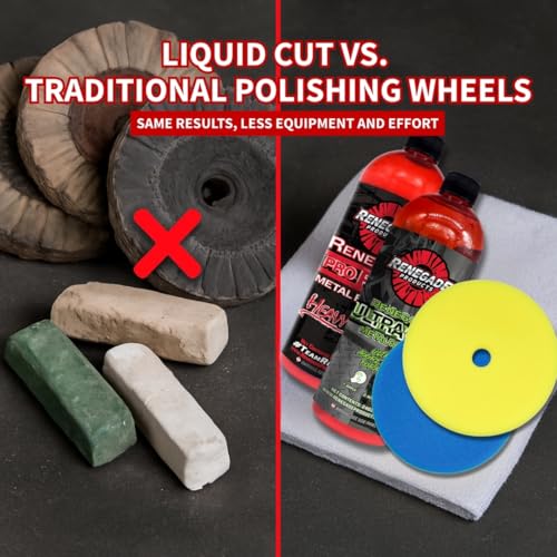 Renegade Liquid Cut & Polish Combo – Ultra Cut & Pro Red Metal Polishes with Blue and Yellow Foam Pads – 2-Step Aluminum & Stainless Steel Restoration Kit