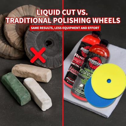 Renegade Liquid Cut & Polish Combo – Ultra Cut & Pro Red Metal Polishes with Blue and Yellow Foam Pads – 2-Step Aluminum & Stainless Steel Restoration Kit