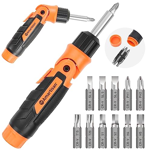 Amartisan 12-in-1 Multi Bit Screwdriver, Ratchet Screwdriver, 60-Degree Adjust Precision Screw Driver, Slotted/Philips/Torx/Square/Hex - color: Orange, size: 12-in-1 Multi-bit Screwdriver Set