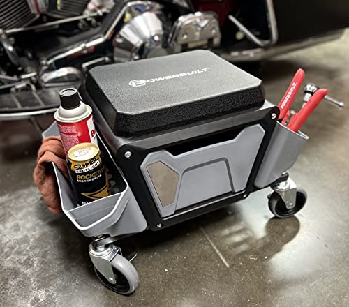 Powerbuilt Rolling Work Seat Brake Stool with 4-inch Rubber Lockable Wheels, Big Seating Platform, Tool Trays and Drawer 330 lb. Capacity, Mechanics, Gardening, Garage - 941881ECE, Grey - style: Grey with Foam Seat Cushion