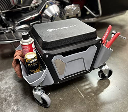 Powerbuilt Rolling Work Seat Brake Stool with 4-inch Rubber Lockable Wheels, Big Seating Platform, Tool Trays and Drawer 330 lb. Capacity, Mechanics, Gardening, Garage - 941881ECE, Grey - style: Grey with Foam Seat Cushion
