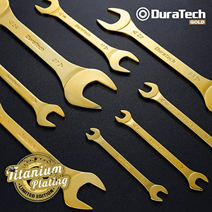 DURATECH Super-Thin Open End Wrench Set, Metric, 8-Piece, 5.5mm to 27 mm, Titanium Plating, Slim Spanner Set with Rolling Pouch - color: Gold, size: Metric
