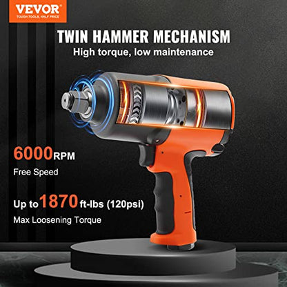 VEVOR Air Impact Wrench, 3/4-Inch Drive Air Impact Gun, Up to 1870ft-lbs Nut-busting Torque, Composite Pneumatic Impact Wrench for Auto Repairs and Maintenance Heavy Duty - size: 3/4-Inch/1870ft-lbs