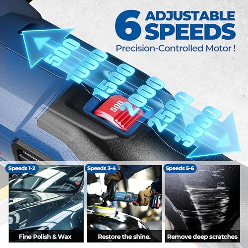 Dong Cheng 20V Brushless Cordless Polisher, Includes 2 x 4.0Ah Batteries, 500-3000RPM Buffer Polisher, 6-Speed with 6" Car Polisher Pad, Rotary Polisher for Car Detailing & Polishing.