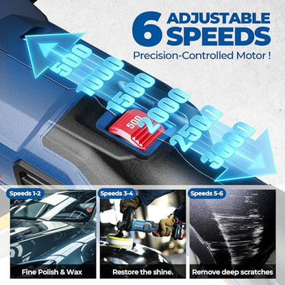Dong Cheng 20V Brushless Cordless Polisher, Includes 4.0Ah Batteries, 500-3000RPM Buffer Polisher, 6-Speed with 6" Car Polisher Pad, Rotary Polisher for Car Detailing & Polishing.