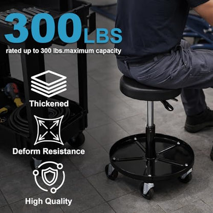 A A IN LT2A Heavy-Duty Adjustable Mechanic's Roller Seat Adjustable Rolling Stool with Wheels & Tool Tray Black