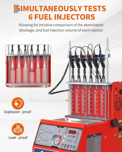 Garvee Fuel Injector Cleaner Tester 6-Cylinder 11 Test Modes 12V, Ultrasonic Injection Cleaning Machine with Adjustable Pressure (0-10 bar) & Pulse Width (0.1-25ms), Resistance Test, Digital Display - size: 6-Cylinder Model， 1-in-1