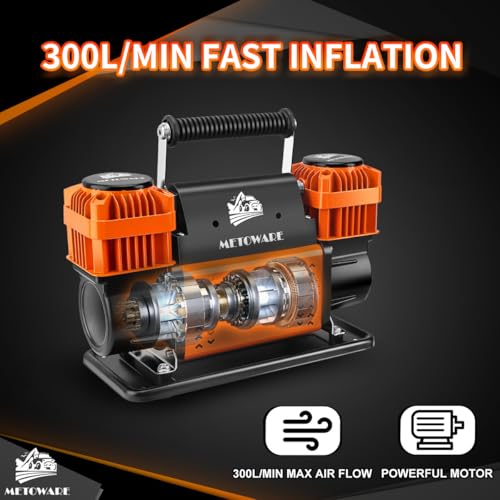 METOWARE Offroad Air Compressor, 12 V Portable Air Pump with 10.6 CFM, Dual Cylinder Tire Inflator for Car Heavy Duty, Max 150PSI for 4 × 4 SUV Vehicle RV ATV Truck
