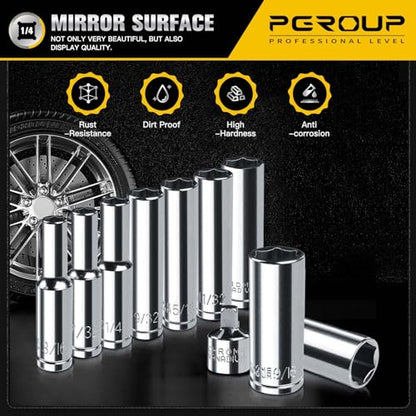 1/4” Drive SAE Socket Set, 11PCS Deep Hex Socket Set (3/16”-9/16”), Cover Most Commonly Sizes, Chrome Vanadium Steel with 3/8”F to 1/4”M Socket Adapter - size: 1/4-6PT-11PC