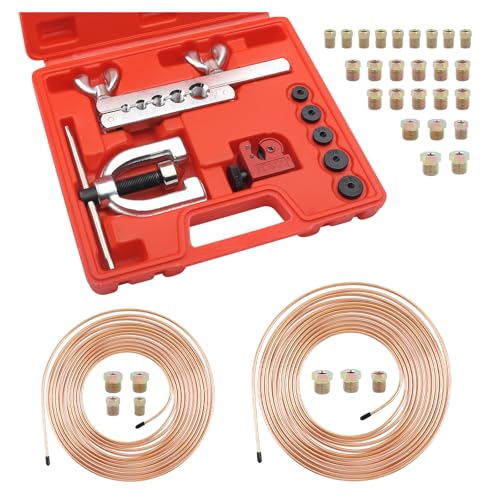 25Ft 1/4 and 3/16 Brake Line Kit with Includes 32 Inverted Flare Brake Line Fittings and Double & Single Brake Line Flaring Tool Kit,Copper Coated Brake Line Repair Kit