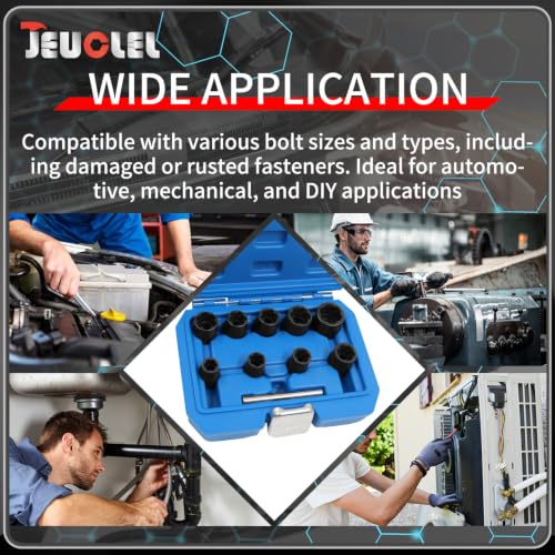 10PCS Twist Lug Nut Socket Set, 3/8" Drive Bolt Nut Extractor Tool | Metric, 10mm - 19mm Sockets, Center Punch Bar, Damaged Nut Lock Remover, Rusted, Stripped, Screws, Stuck Locking Nut Removal - color: 10 Pcs Lug Nut Extractor 3/8 Inch Drive