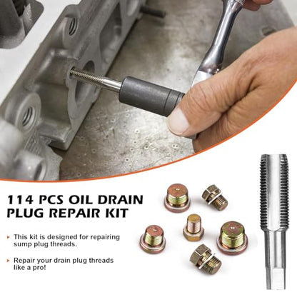 Luney 114PCS Oil Pan Drain Plug Repair Kit, Oil Drain Plug Removal Thread Repair Tool Kit, Drain Pans Automotive Rethreading Tools Kit M13 M15 M17 M20 M22, Metric Universal
