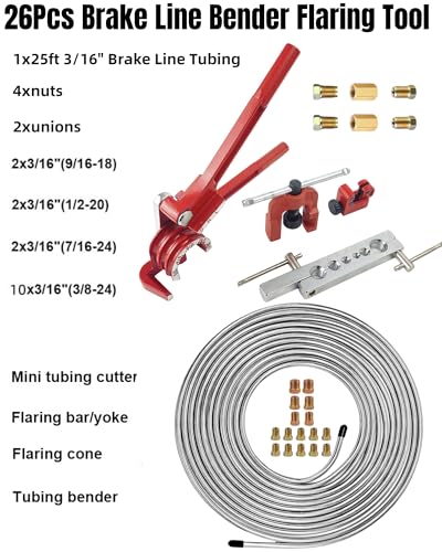 3/16 Inch 26Pcs Brake Line Bender Flaring Tool Include 25FT Zinc-Plated Copper Coated Brake Bending Lines and Single Flare Cutter Repair Kit 16 Rust-Resistant Fitting 4 Nut 2 Union, Sliver - color: Sliver