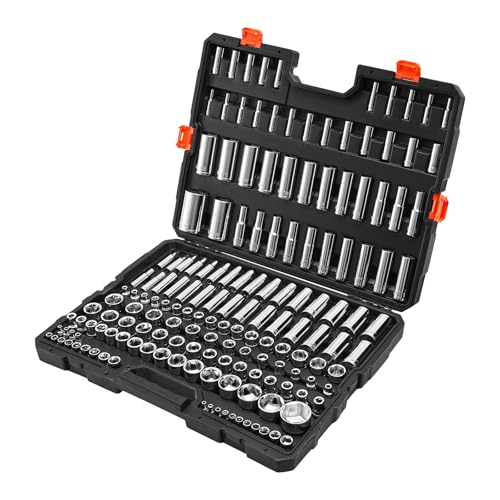 VEVOR Socket Set, 163 Pieces, 3/8 & 1/4 & 1/2 inch Drive Socket Tool Set, SAE and Metric, Deep and Standard, Mechanic Tool Kit with Storage Case, Chrome Plated CR-V Alloy Steel, for Automotive Repair - size: 1/4"&3/8"&1/2", style: 163 PCS