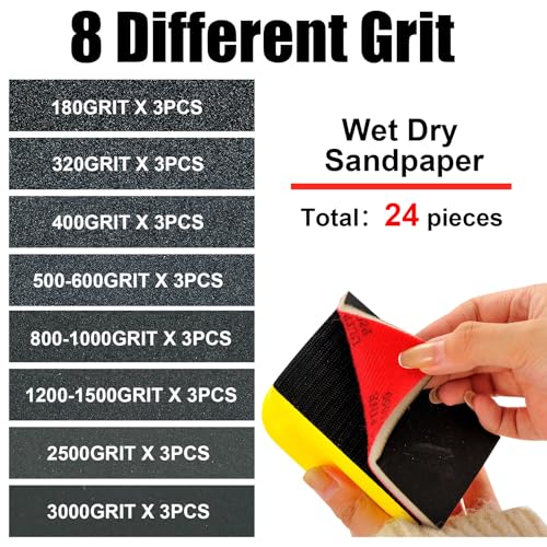 MAXMAN 24PCS Sanding Sponge Set,180-3000 Grit Soft Foam Hand Sander Block,3x4 Inch Wet Dry Sandpaper,Ultra Fine Sandpaper Sponge, Reusable Sanding Pads for Metal Wood Furniture Model Drywall Polishing - style: 180-3000 Grit Set