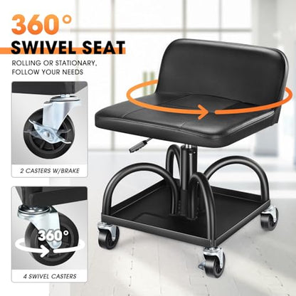 DNA Motoring Rolling Padded Seat Adjustable Height Seat 330lbs Capacity Rolling Mechanic Creeper Stool, W/Tool Storage Drawer & Tray, Black, TOOLS-00600 - style: Square Tray Black