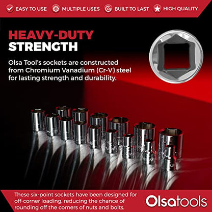Olsa Tools SAE Shallow Socket Set - 1/2-Inch Drive, 18pc - 6-Point Chrome Sockets 3/8" to 1-1/4" and No Skipped Sizes - Mechanic Shallow SAE Socket Set - Professional Grade Sockets - Part: 1324 - color: Sae Shallow, size: 15pc, 1/2-Inch Drive