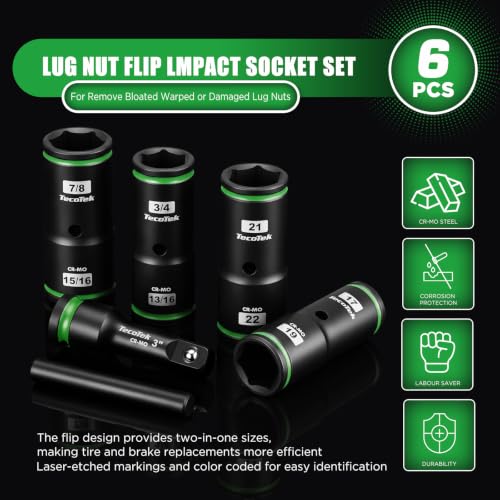 TecoTek 6PCS Thin Wall Lug Nut Impact Socket Set, 1/2" Drive Impact Flip Socket Set, 8 in 1 Dual End Wheel Tire Nut Sockets, Metric 17 19 21 22mm & SAE 3/4" 13/16" 7/8" 15/16", Lug Nut Removal Tool - size: Standard Metric & SAE