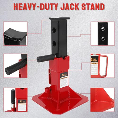 Heavy Duty Pin Type Car Jack Stands with Lock Adjustable Height to 19.75" Fit for Supporting Car SUV, Truck, Pick Up, Trailers and Equipment，22 Ton (44,000 lb) Capacity, Red, 1 Pair