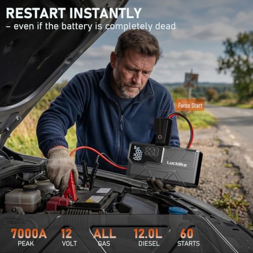 7000A 150PSI Car Battery Jump Starter with Air Compressor Battery Jump Box | for 12V(All Gas/12L Diesel), 21800mAh Car Battery Jumper Starter Portable with Auto-Shutoff Tire Inflator, 800lm Light