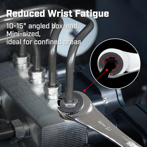 ironcube Brake Line Wrench Set: 6 Pcs Metric 10-17mm - Ratcheting Open-end for Nuts on Fuel, Brake or Air Conditioning Lines - size: 10-17mm