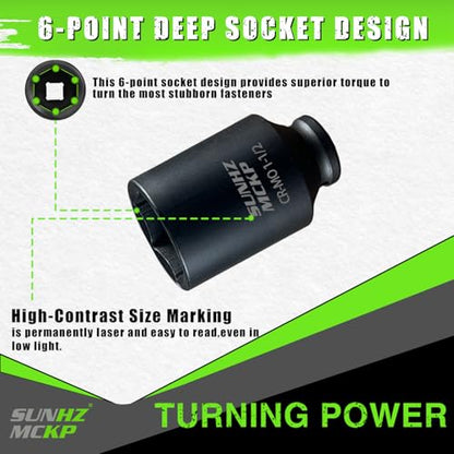 SUNHZMCKP 1/2 Inch Drive Deep Impact Socket, SAE 1-1/2 Inch Socket, 6 Point | Large Sockets, 6 Point Axle Nut Socket for Easy Removal of Axle Shaft Nuts, CR-MO - color: Sae, size: 1-1/2 inch