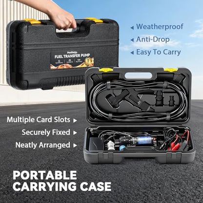 Poafamx 12V Fuel Transfer Pump Set, 95GPH Portable Gasoline Pump 70W Motor | Diesel Oil Extractor with 110V Power Adapter, Hose & Carrying Case for Vehicles, Boats, Harvester, Generators, Tractors
