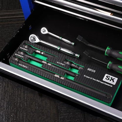 SK 1/2" Drive Impact Socket Extension Set, 3", 6", 10", 15", Cr-Mo Steel | 4-Piece Extension Bar Set, Black Manganese Phosphate Coating, with EVA Foam Storage Tray - size: 1/2-Inch Drive