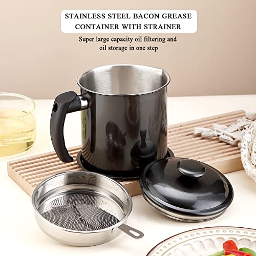 Kyraton Black Bacon Grease Container With Strainer, 48 oz Black Coating Stainless Steel Oil Container, Pot Fat Storage With Lid, Easy Grip Handle Suitable For Storing Frying Oil And Cooking Grease - color: 2. Black